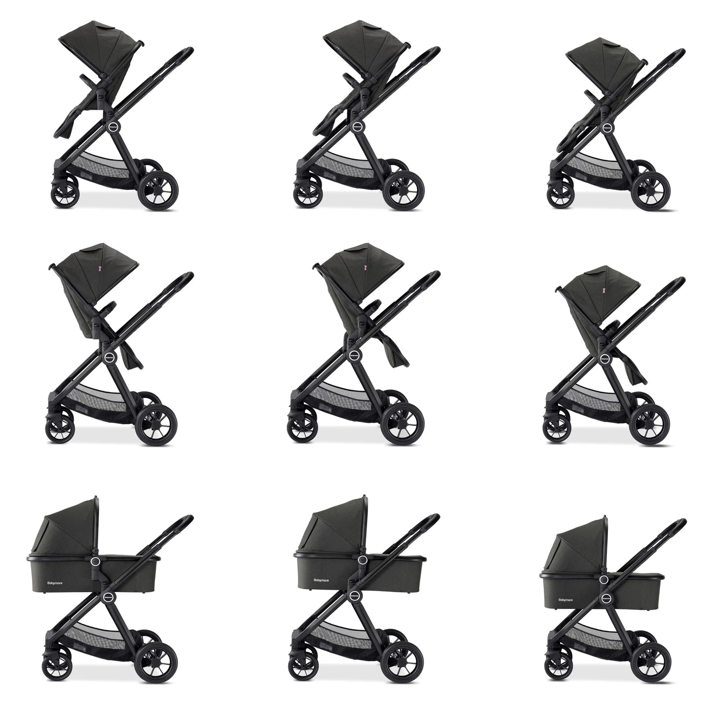 Babymore Memore V2 Travel System 13 Piece with Pecan i-Size Car Seat and Isofix Base - Black BabyJoy