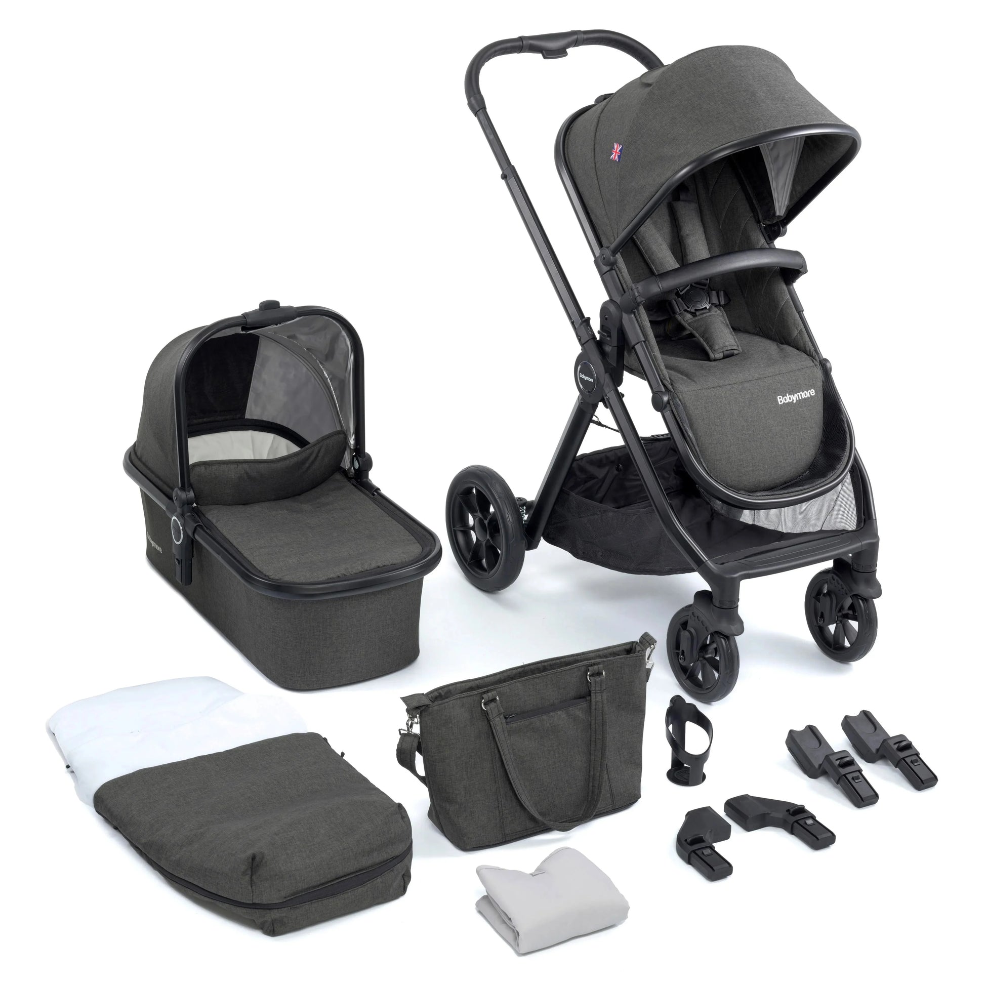 Babymore Memore V2 Travel System 13 Piece with Pecan i-Size Car Seat and Isofix Base - Black BabyJoy
