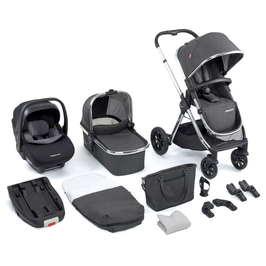 Babymore Memore V2 Travel System 13 Piece with Pecan i-Size Car Seat and Isofix Base - Chrome BabyJoy