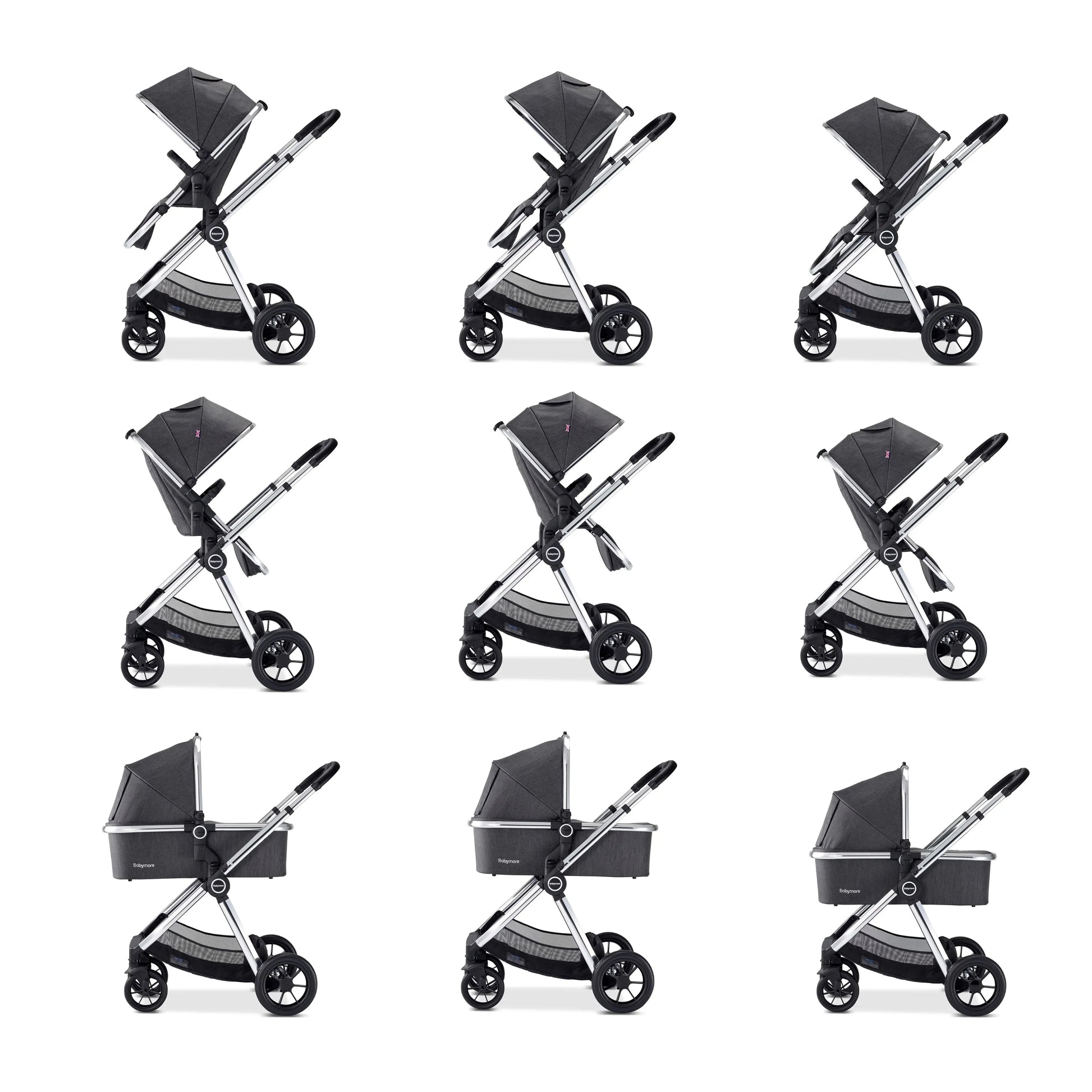 Babymore Memore V2 Travel System 13 Piece with Pecan i-Size Car Seat and Isofix Base - Chrome BabyJoy