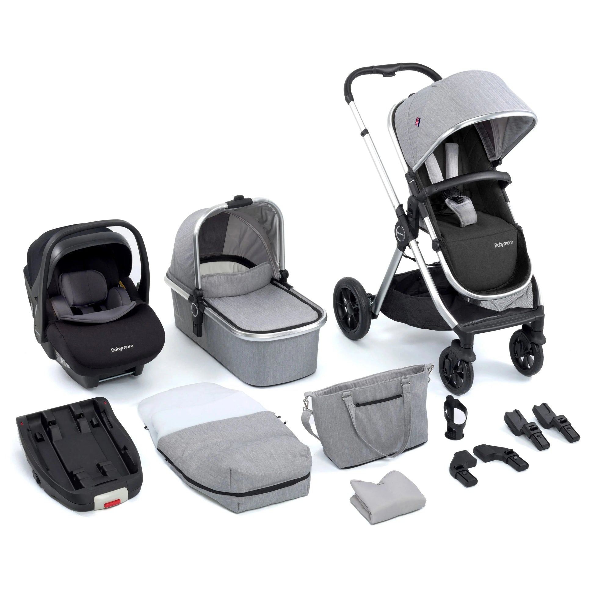 Babymore Memore V2 Travel System 13 Piece with Pecan i-Size Car Seat and Isofix Base - Silver BabyJoy