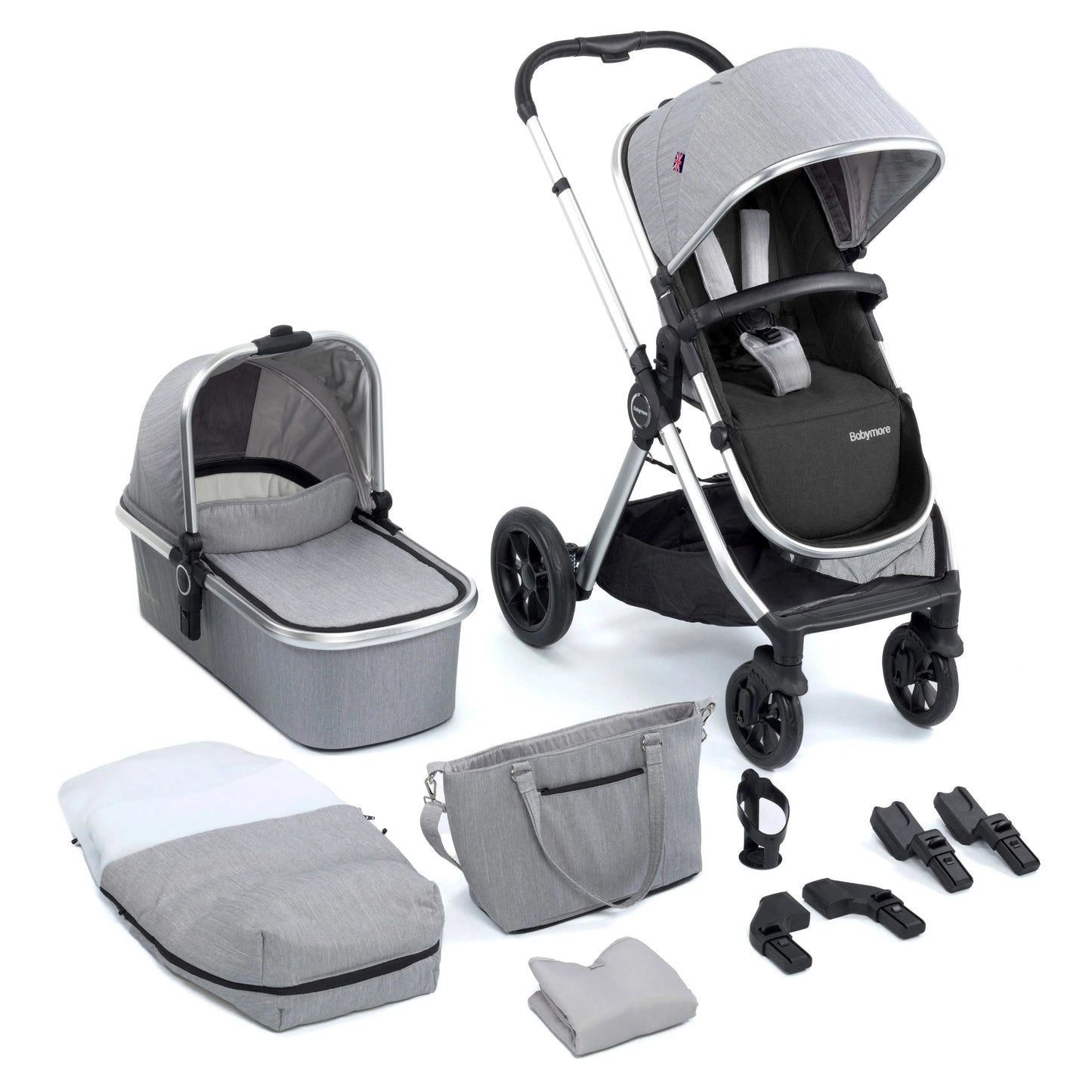 Babymore Memore V2 Travel System 13 Piece with Pecan i-Size Car Seat and Isofix Base - Silver BabyJoy