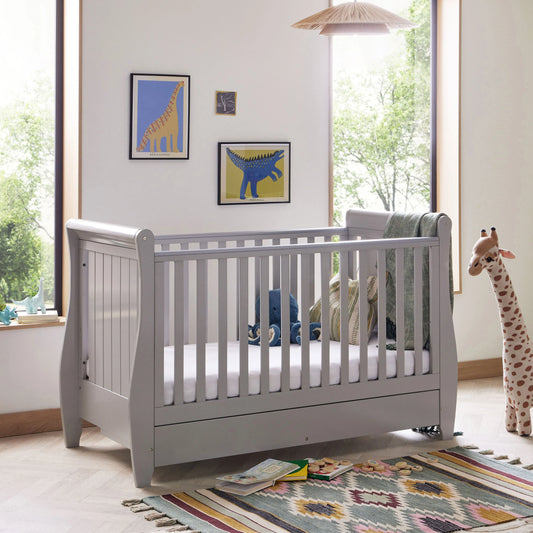 Babymore Stella Sleigh Cot Bed Drop Side with Drawer BabyJoy