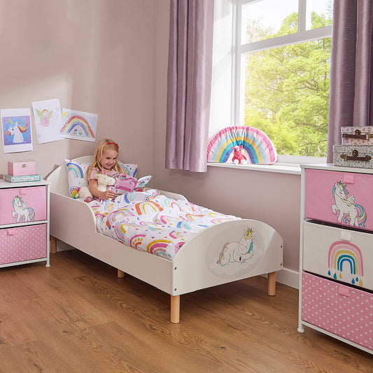 Kids White Toddler Bed with Unicorn Decal