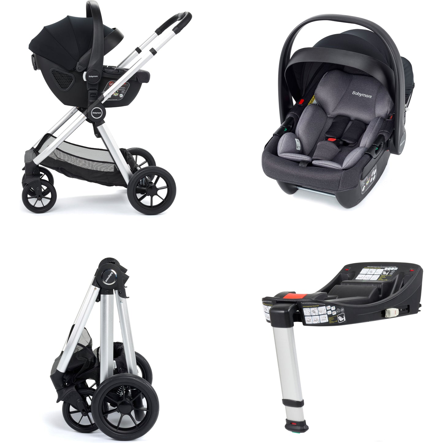 Babymore Memore V2 Travel System 13 Piece with Coco i-Size Car Seat and Isofix Base - Silver