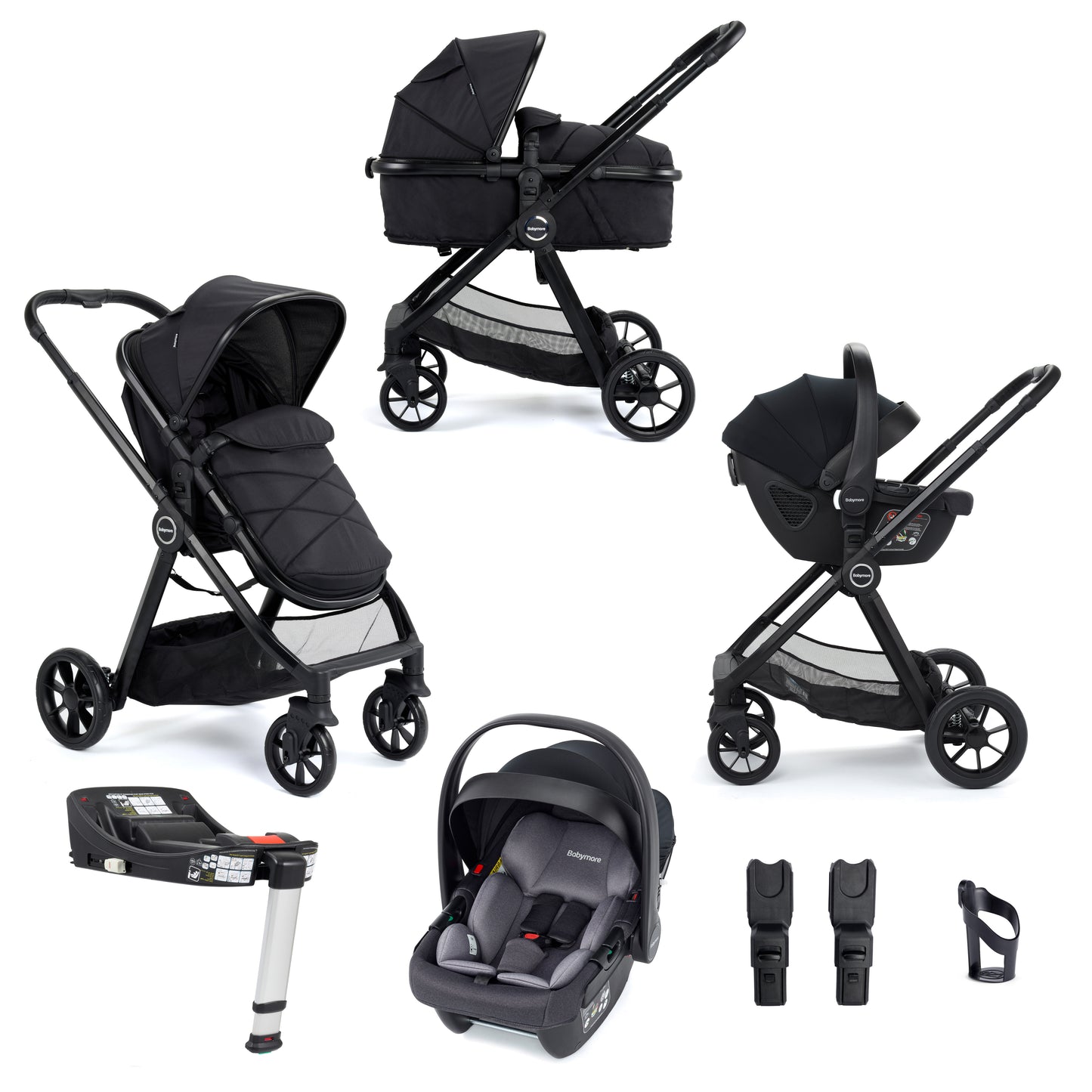 Babymore Mimi Travel System with Pecan i-Size Car Seat and ISOFIX Base – Black